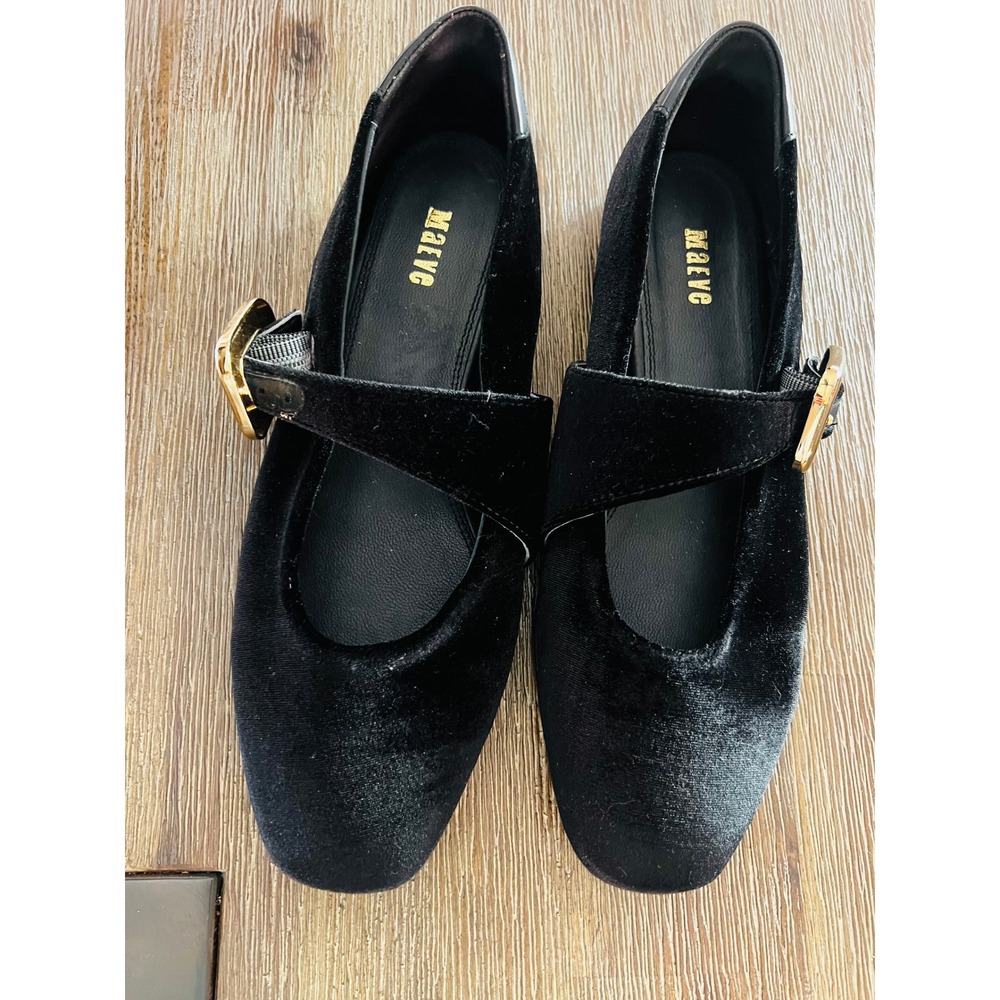 Maeve Black Velvet Mary Jane Flats Gold Buckle Strap Shoes Size 39